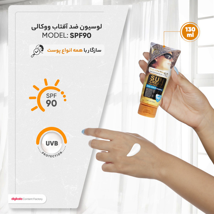 لوسیون ضدآفتاب بیرنگ ووکالی مدل SPF90 مناسب انواع پوست، حجم 130 میلیلیتر به قیمت عمده - کرایه در مقصد
